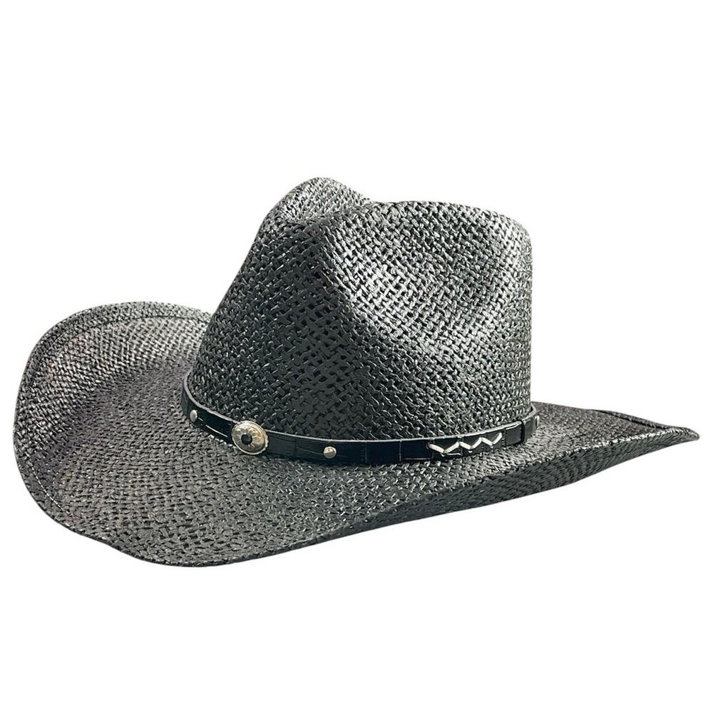 STETSON Onyx Black Woven Leather Band Curled Wire Brim Western Cowboy Hat Size M